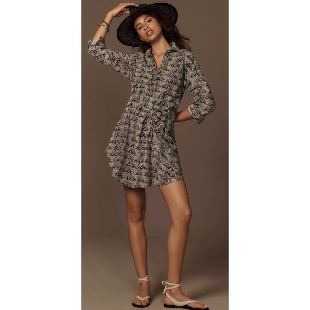 NWT ANTHROPOLOGIE Long-Sleeve Collared Mini Dress $148 Petite Small Ivory